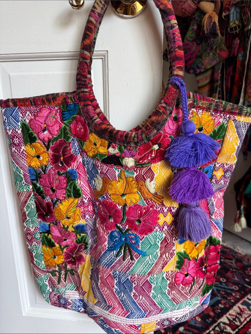 Guatemala Handcrafted Multicolor huipil Floral Tote Bag with Purple Tassels